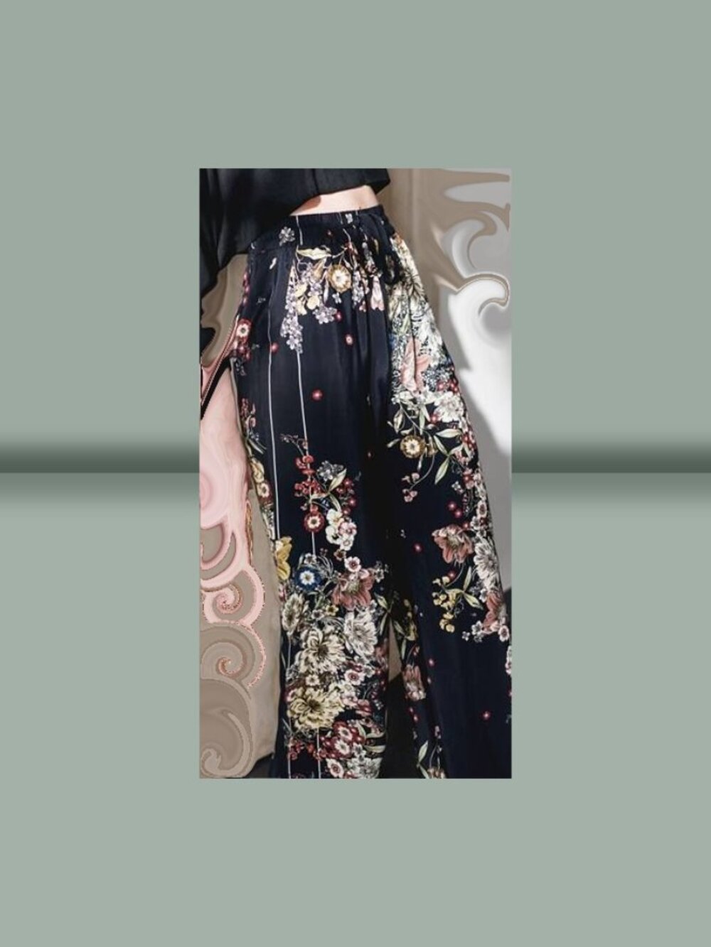 Cynthia Rowley XL Black Floral Border Print Rayon Palazzo Pants